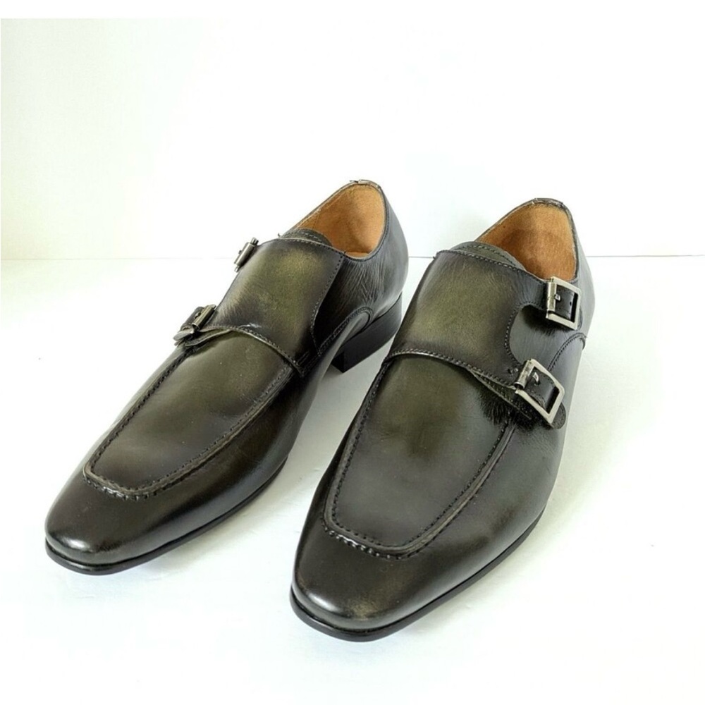 Carrucci Leather Mens Size 9 Olive Green Double Monk Strap Slip-On Loafers Shoes